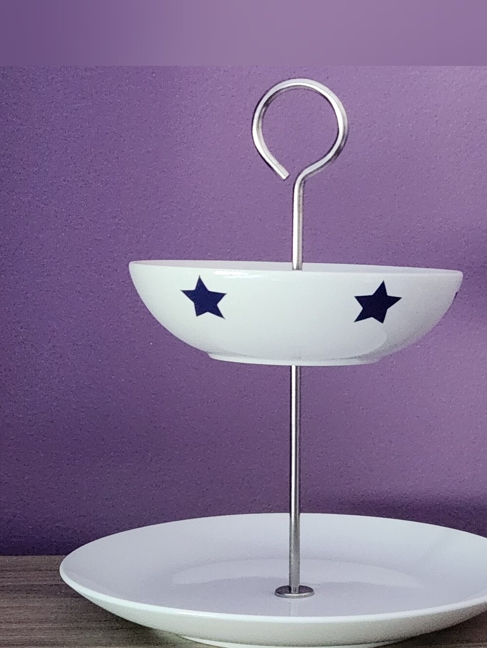 Serving Dish 2 Tier Ceramic Holiday White /Blue 8 1/4" Dia ,10" Tall Multi Use